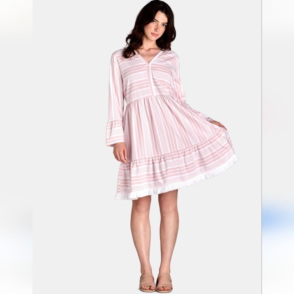 Time & Tru NEW A-Line Fringed Dress Long Sleeve Pink White L (12-14) N-2312